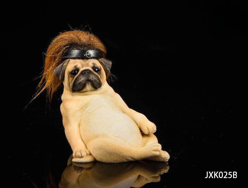 "1/6 scale Pug dog model in a relaxed pose on a brown armchair, wearing a gold chain and a hat with a feather."