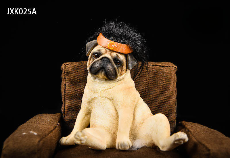 "1/6 scale Pug dog model in a relaxed pose on a brown armchair, wearing a gold chain and a hat with a feather."