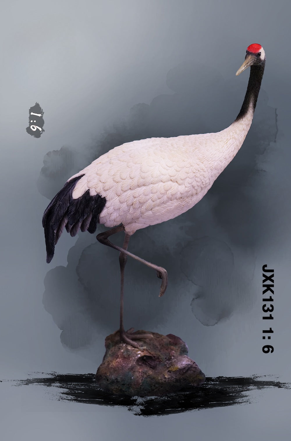 Detailed 1/6 scale resin crane model, featuring a beautifully hand-painted body, intricate feathers, and a sturdy base. Perfect for bird collectors and enthusiasts.