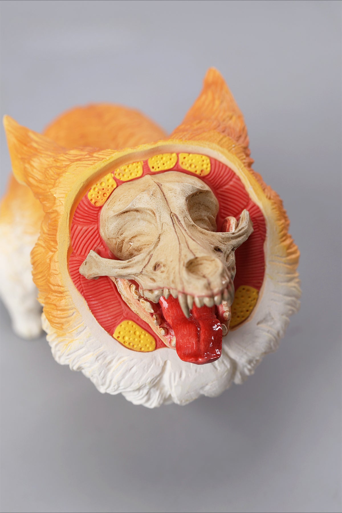 Highly detailed resin Corgi dog figurine with a removable magnetic face, showcasing lifelike fur textures and a unique, humorous design. The collectible is perfect for dog lovers and home decor enthusiasts, crafted with high-quality materials for durability and artistic appeal.