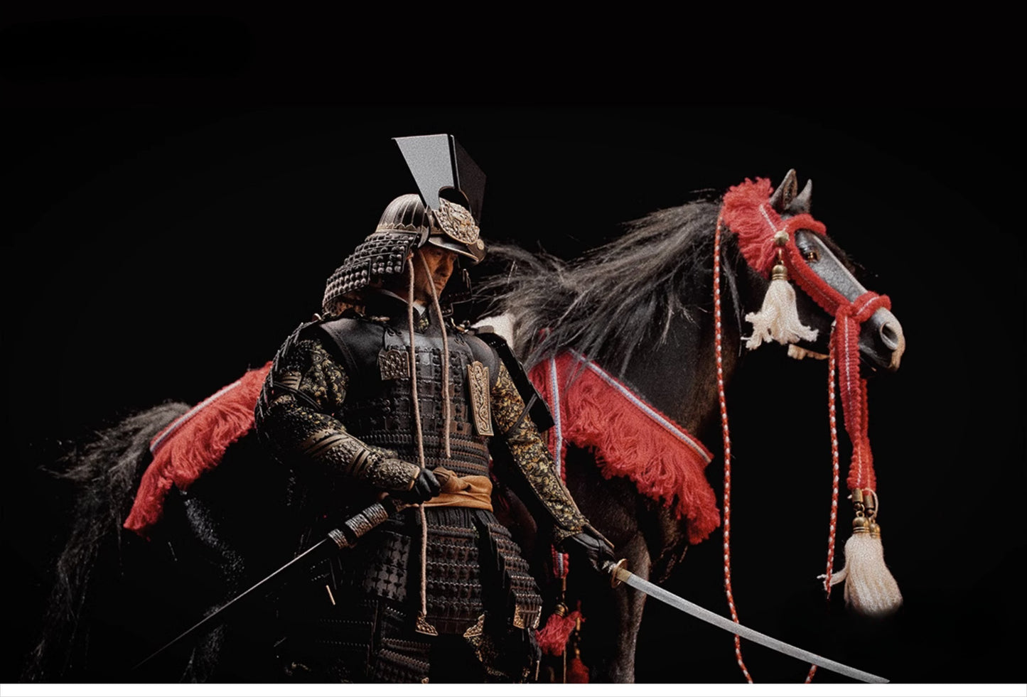 A highly detailed 1/6 scale Japanese-Style Horse Harness crafted from metal and cloth, featuring red-and-gold accents, decorative tassels, and authentic historical details. Perfect for model horse collectors, samurai figure displays, and historical dioramas.