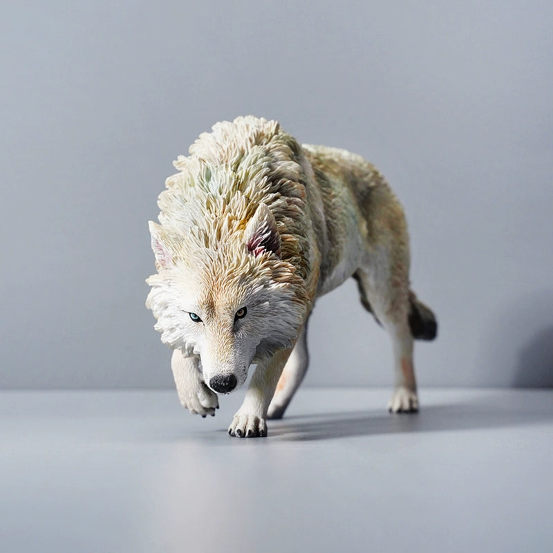 1/6 scale North American gray wolf figurine made of resin, hand-painted with realistic details showing the wolf in a walking pose, perfect for wildlife lovers and collectors.