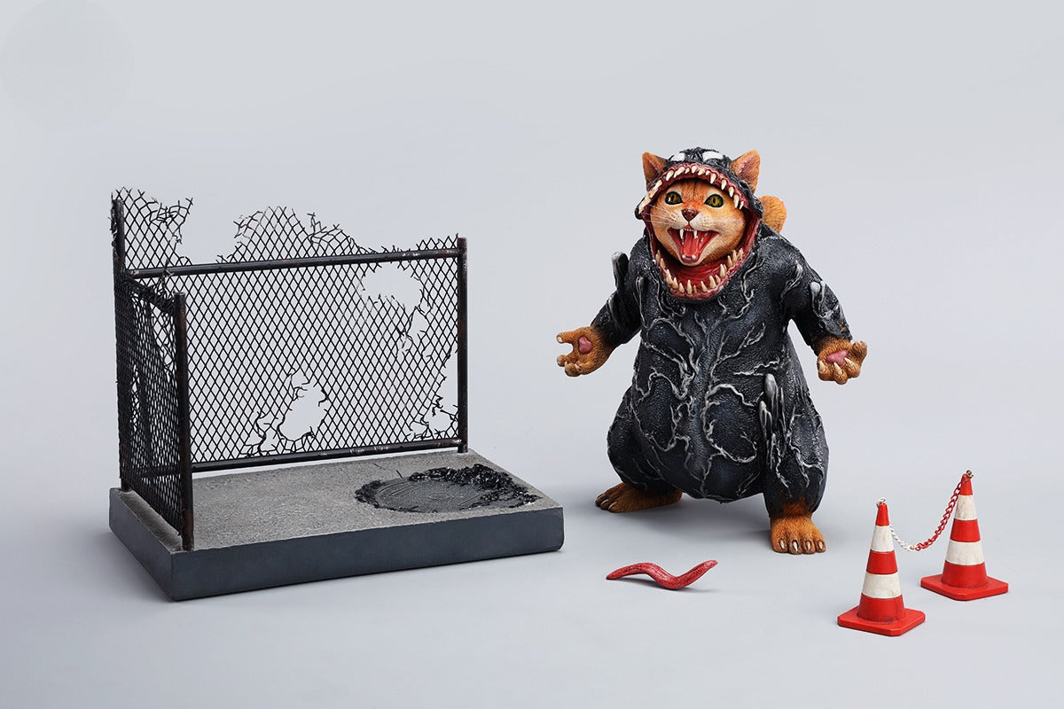 This 1/6 scale Venom Cat figurine features a hybrid superhero cat with a long tongue, dressed in a black venom suit. Crafted from high-quality resin, this dynamic figure includes a road scene base and accessories, making it a unique collectible for comic fans and superhero enthusiasts.