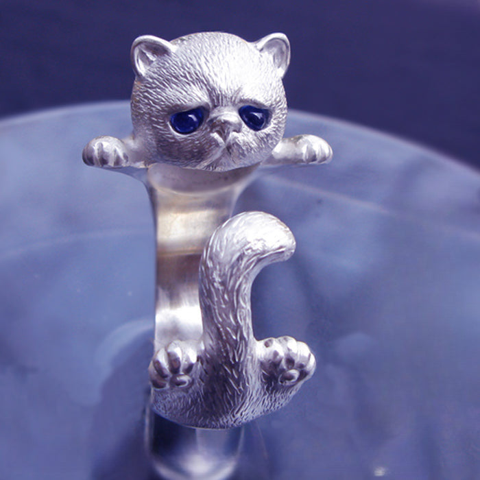 Handcrafted 925 Silver Cat Ring - Blue Corundum Eyes, Adjustable, Personalized Pet Jewelry.