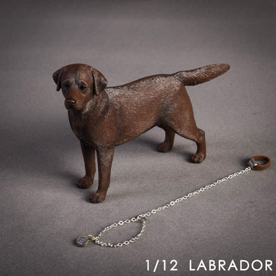 "A detailed 1/12 scale model of a chocolate Labrador Retriever, showcasing realistic fur texture and lifelike features, standing attentively."