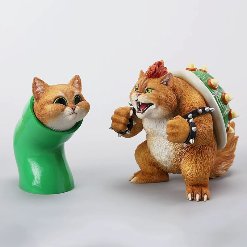 A Bowser Cat figurine with a removable magnetic head and a pipe accessory. The cat has a spiked shell on its back, designed for collectors and fans of unique action figures. The figurine combines feline charm with Bowser's iconic style, making it an ideal collectible piece.