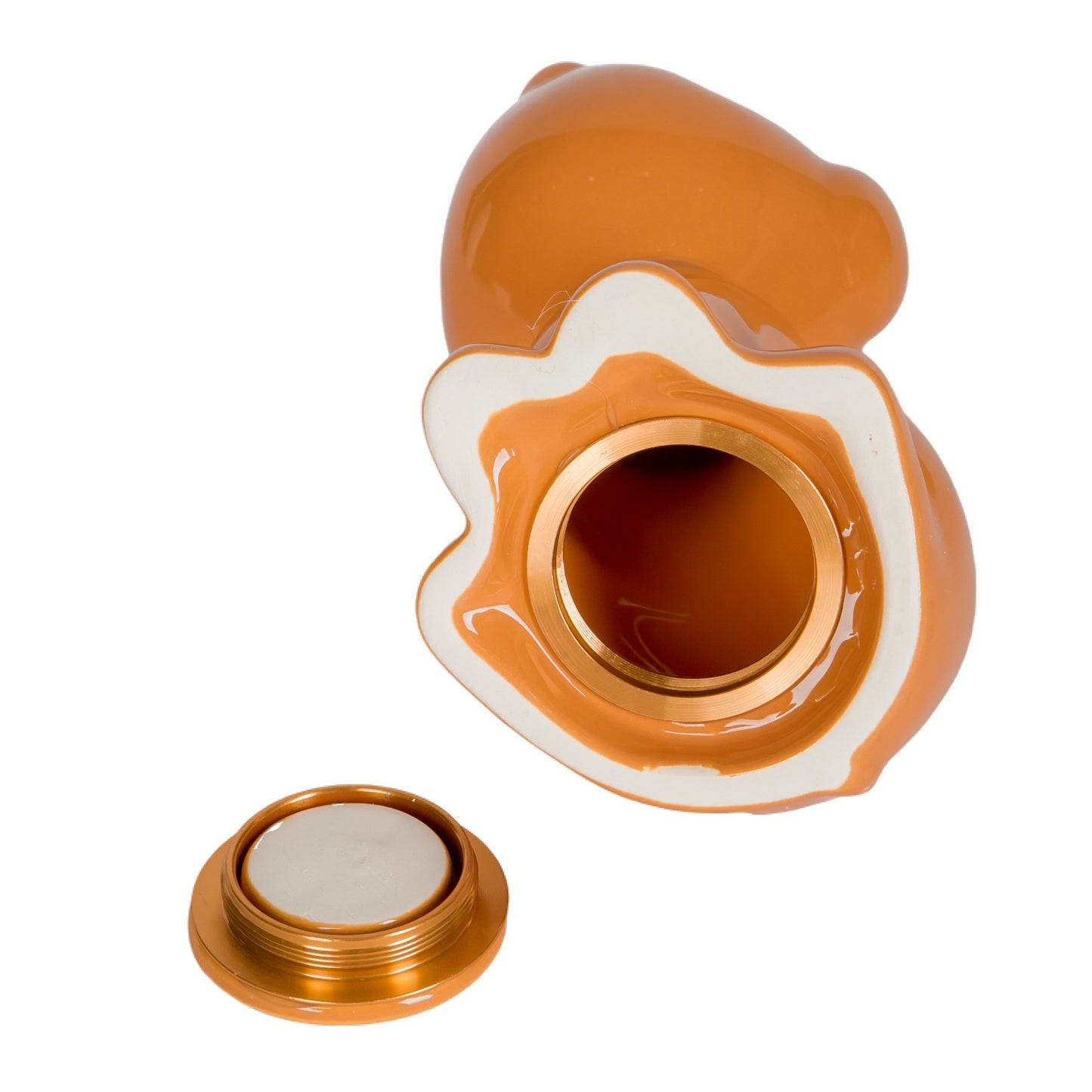  Ceramic dog-shaped urn designed to memorialize pets, featuring a golden accent on the lid. This urn securely holds your pet's ashes and offers a comforting tribute to your furry companion. Available for small dogs and cats, it serves as a beautiful, lasting keepsake.