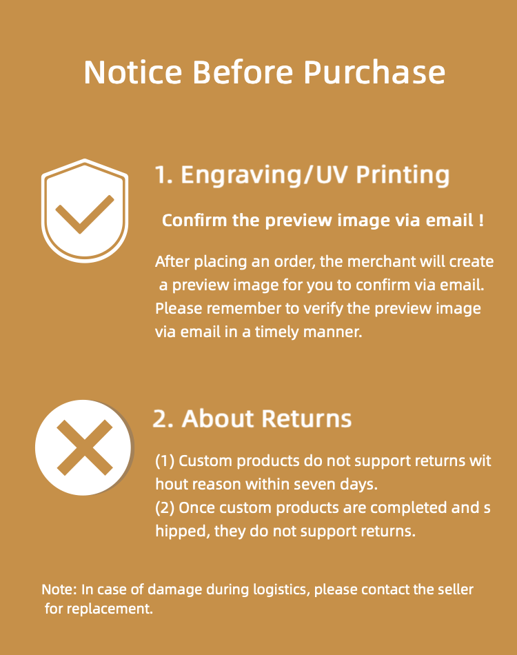 A detailed notice outlining the engraving and return policy for custom pet memorial products, highlighting the steps for confirming the engraving preview and the conditions for returns on custom orders.
