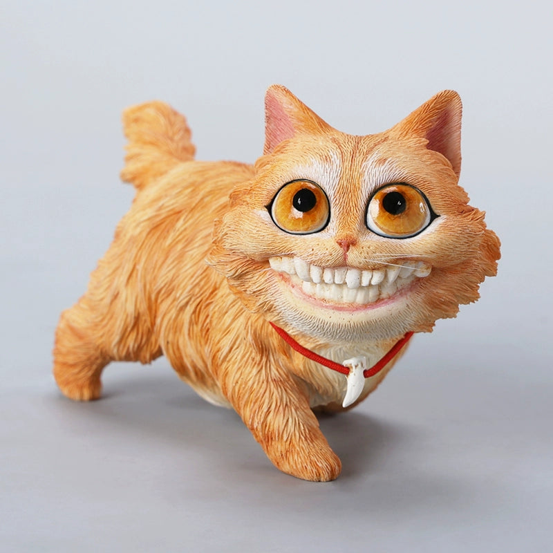 A highly detailed grinning cat resin figurine with expressive eyes, textured fur, and a wide smile. This unique decorative sculpture includes a bone pendant necklace and serves as a quirky, surreal home decor piece or collectible item for cat lovers and fantasy art fans.
