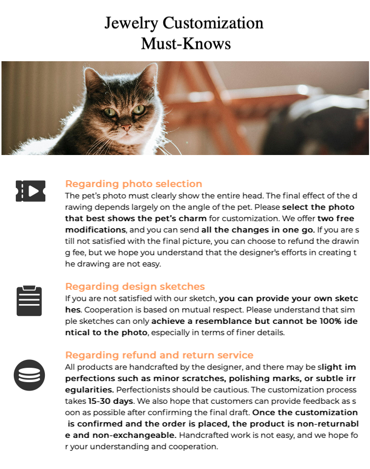 "Important information regarding jewelry customization, including photo selection tips, design sketch guidelines, and refund and return policies. The image advises customers on how to ensure the best results for their custom pet jewelry."