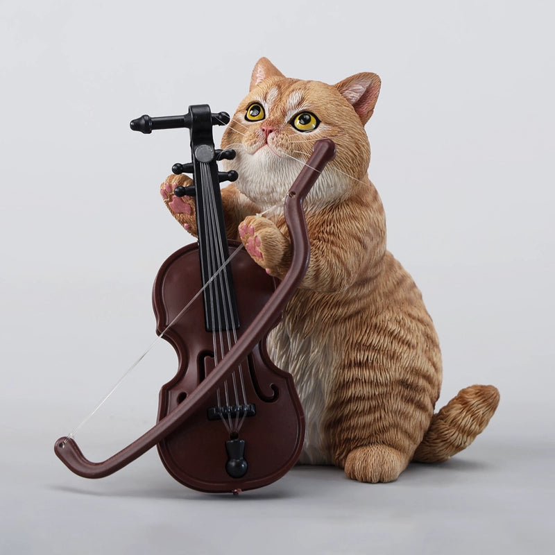 A lifelike string-playing cat figurine crafted from resin, featuring a realistic cat with expressive eyes playing a violin. The sculpture showcases intricate fur details and a beautifully designed musical instrument, making it an excellent collectible or home decor piece for cat lovers and music enthusiasts.