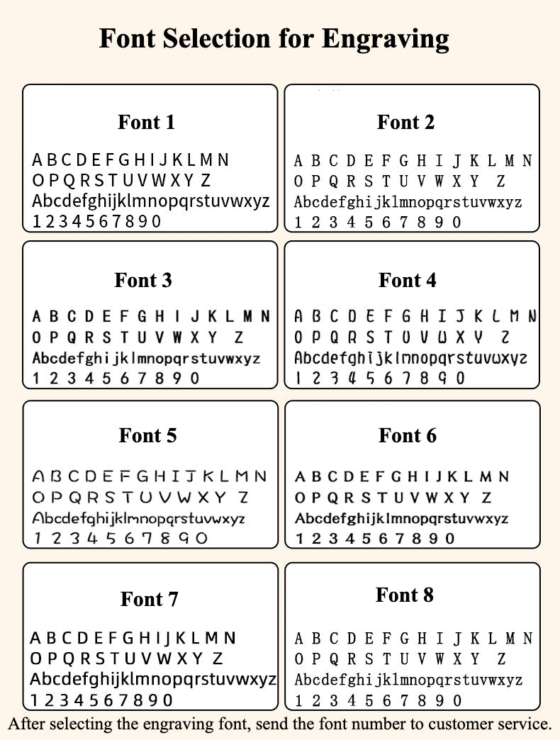 Font options available for engraving on pet memorial plaques, showing various styles to personalize memorial tributes with names and dates.