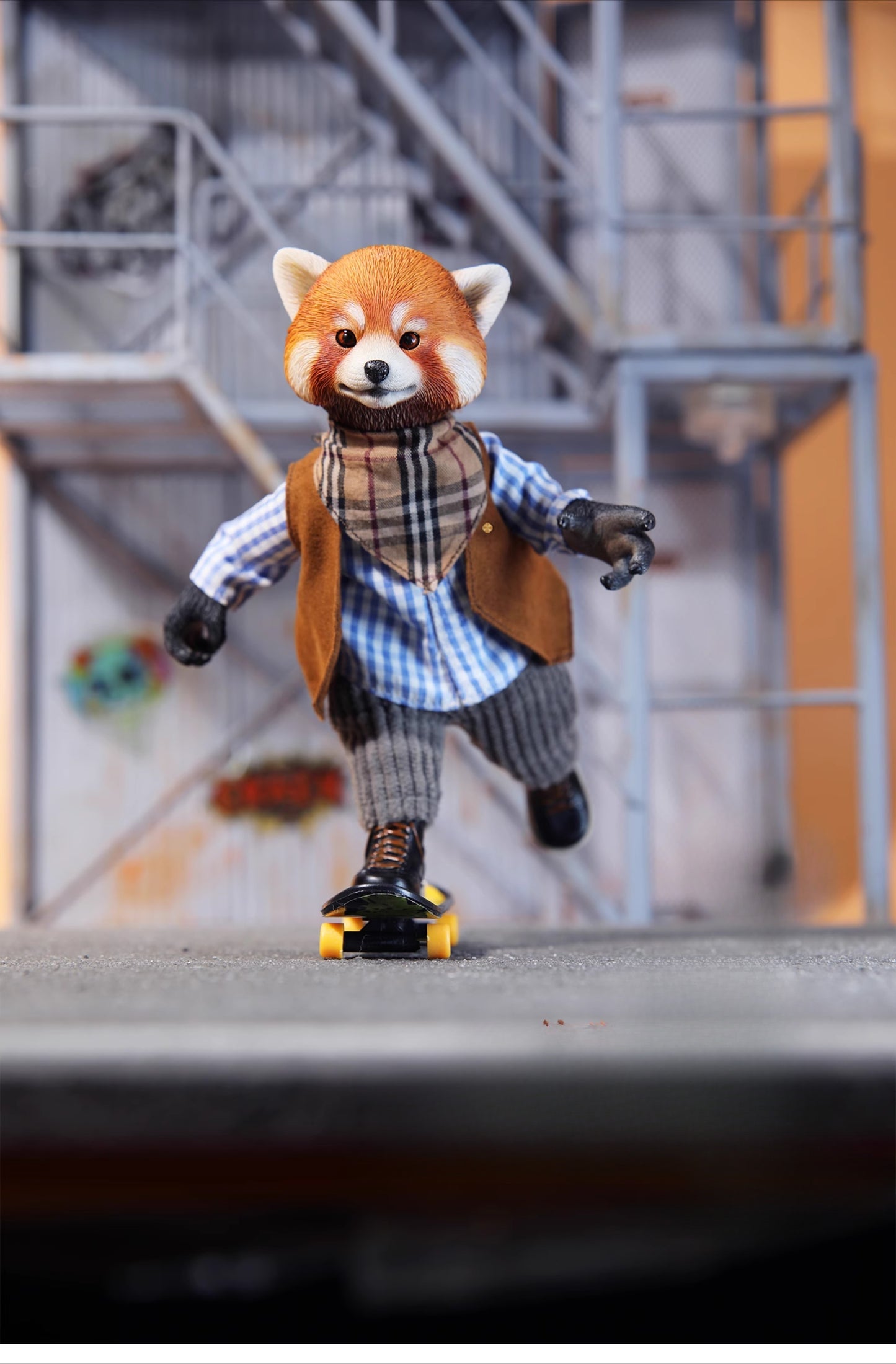 A red panda action figure wearing a vest, scarf, and pants, holding a baseball bat and showcasing a furry tail. The figure is designed with movable joints, making it versatile for different poses and settings. Perfect for collecting or as a unique gift for animal lovers.