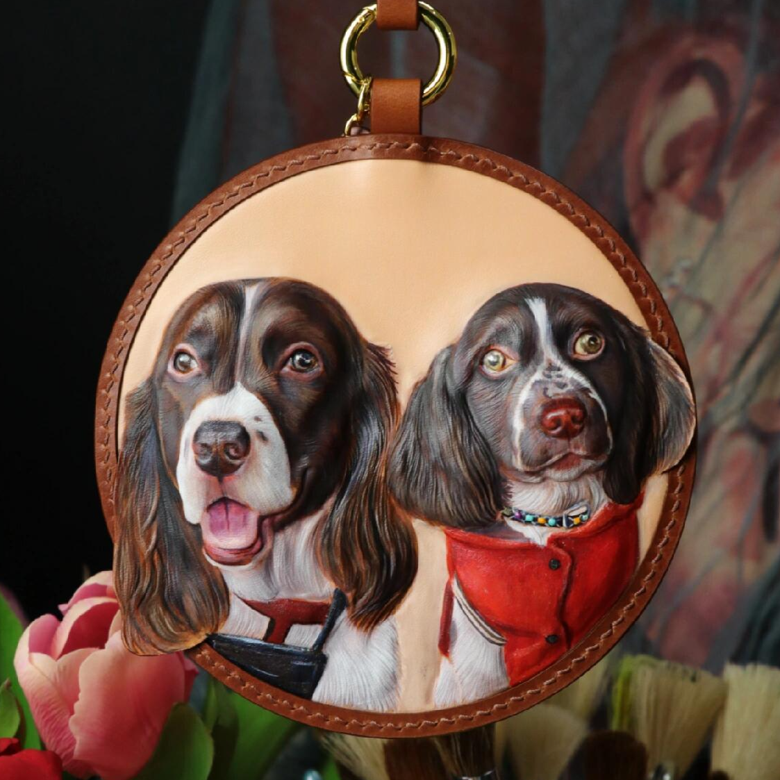 Double Pet Leather Carvings - Custom Handcrafted Animal Portraits Keychain.