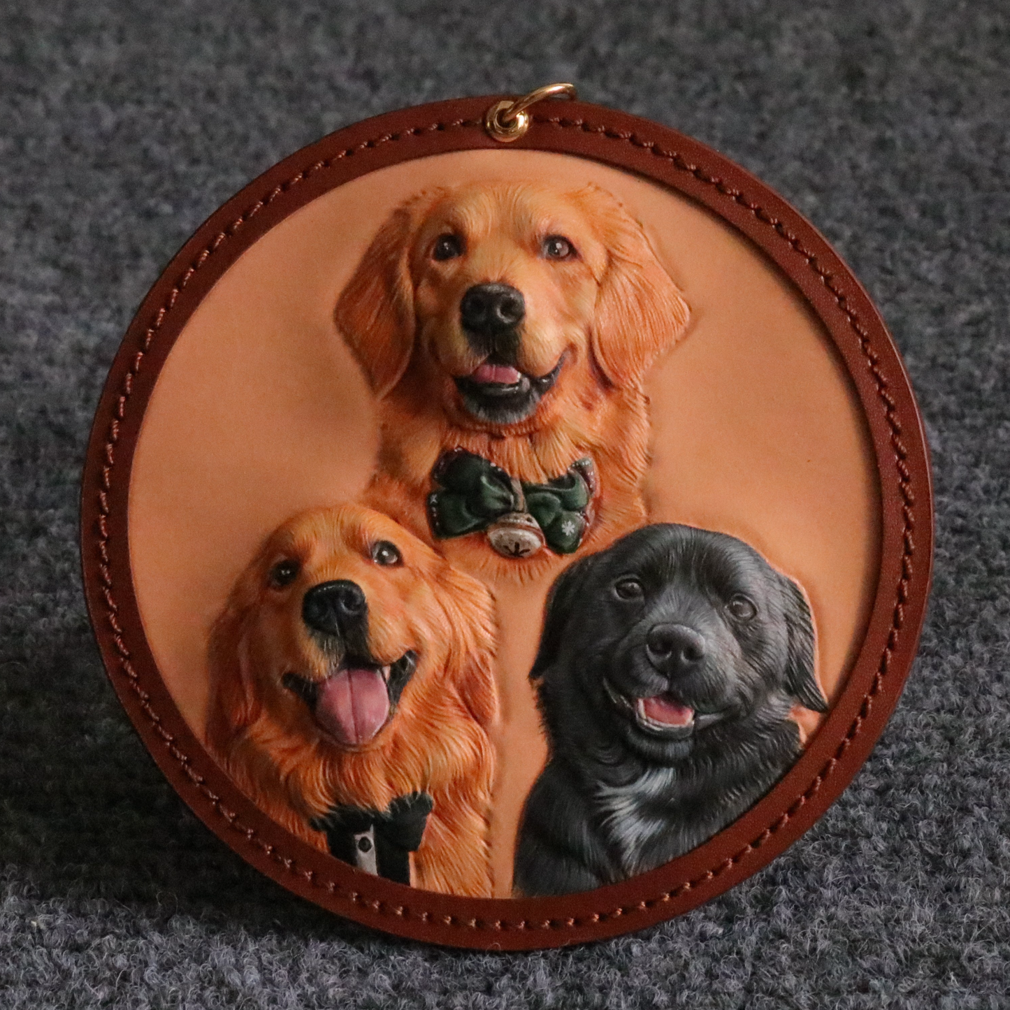Custom Handmade Triple Pet Leather Carving - 3D Realistic Pet Portrait Collection.