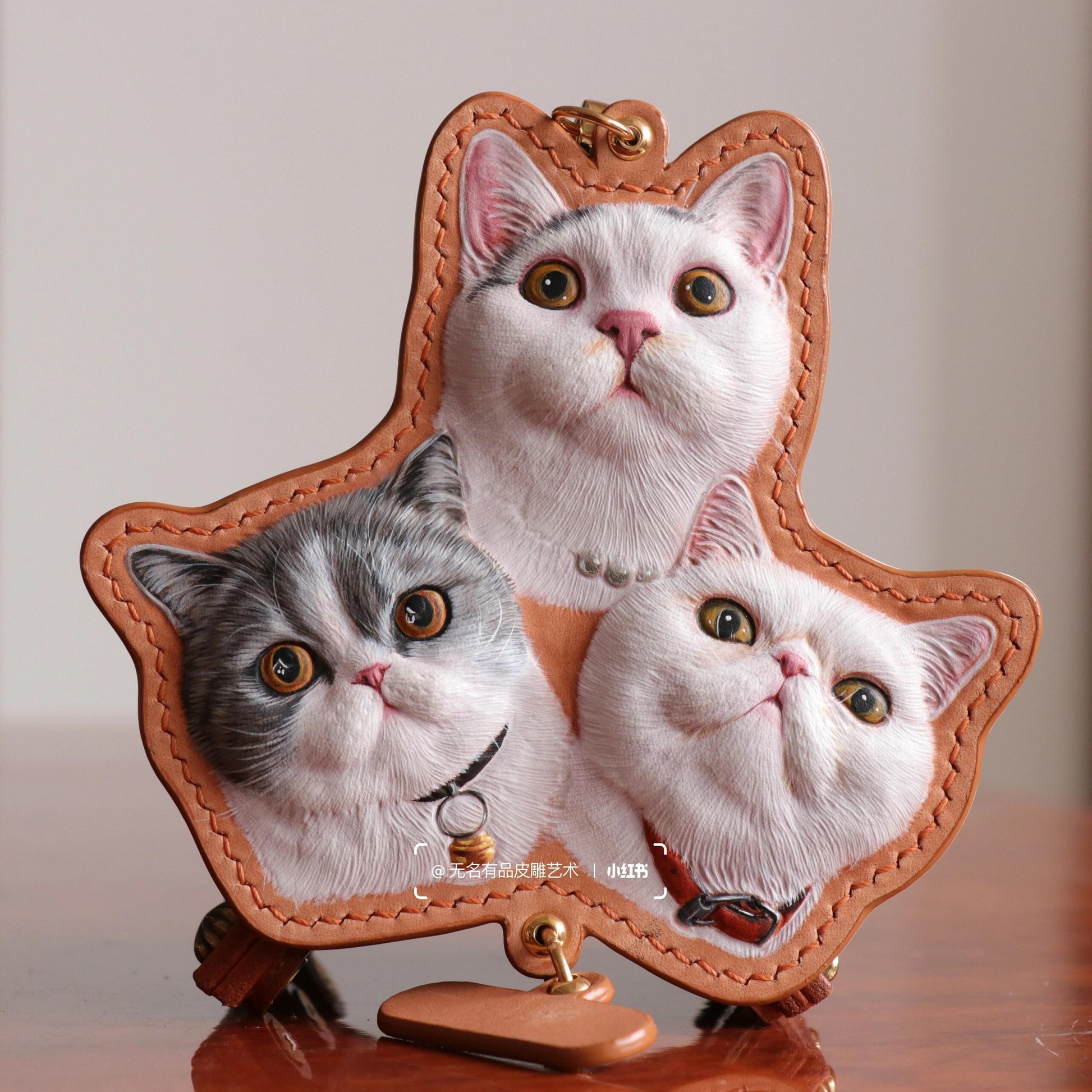 Custom Handmade Triple Pet Leather Carving - 3D Realistic Pet Portrait Collection.