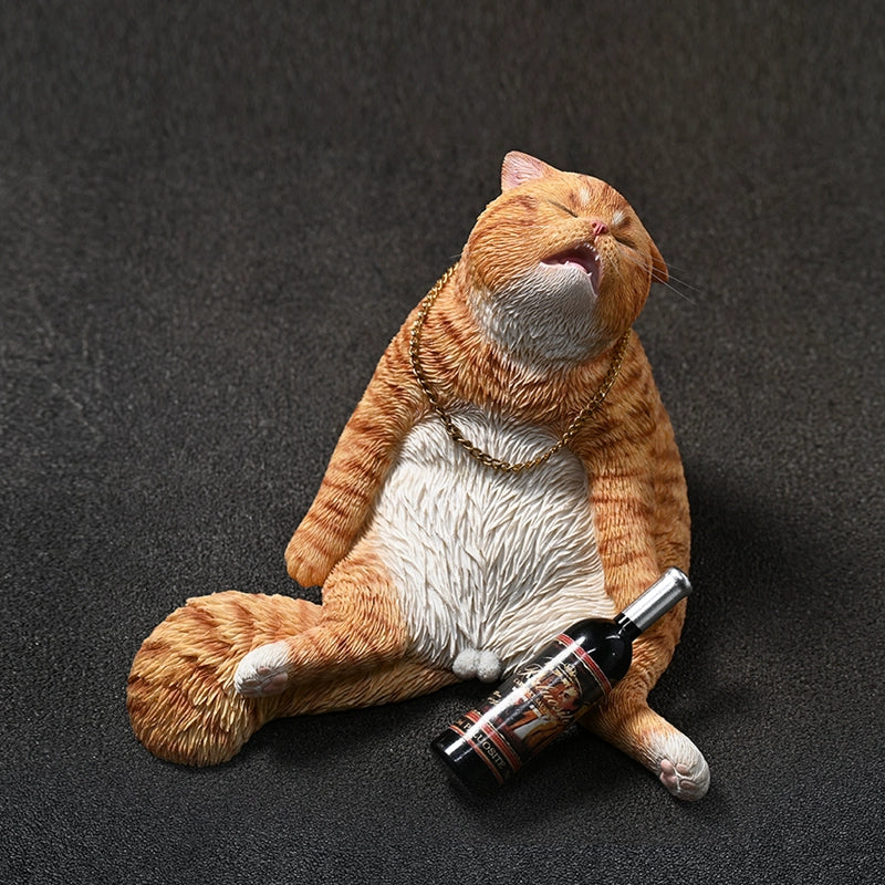 A detailed 1/6 scale figurine of a drunken cat lying back with a gold chain around its neck and a bottle of wine nearby. The cat, with realistic fur texture and expressive face, epitomizes a relaxed and humorous demeanor, making it a charming and unique decorative piece for collectors and cat enthusiasts.