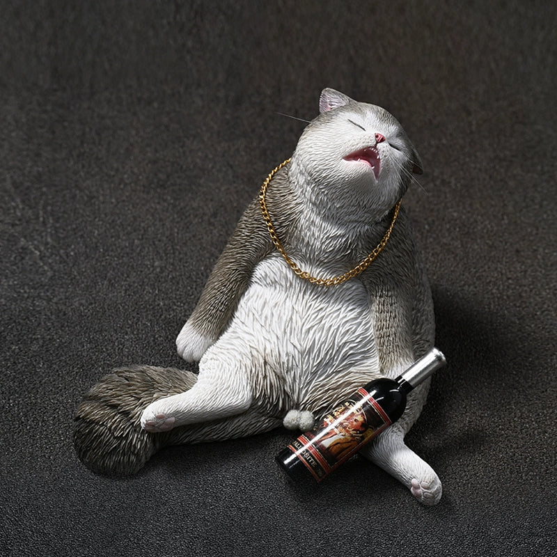 A detailed 1/6 scale figurine of a drunken cat lying back with a gold chain around its neck and a bottle of wine nearby. The cat, with realistic fur texture and expressive face, epitomizes a relaxed and humorous demeanor, making it a charming and unique decorative piece for collectors and cat enthusiasts.