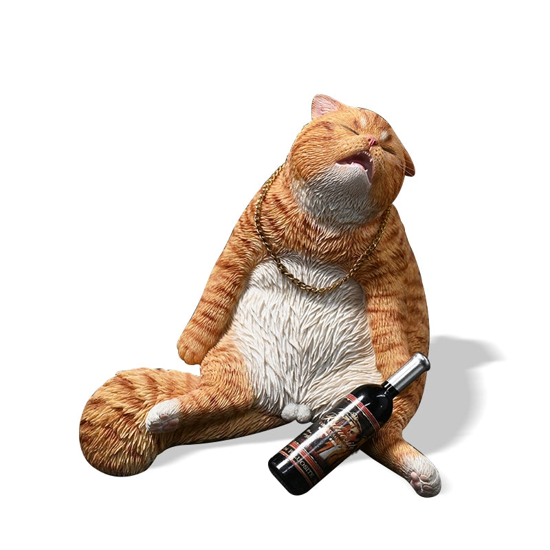 A detailed 1/6 scale figurine of a drunken cat lying back with a gold chain around its neck and a bottle of wine nearby. The cat, with realistic fur texture and expressive face, epitomizes a relaxed and humorous demeanor, making it a charming and unique decorative piece for collectors and cat enthusiasts.