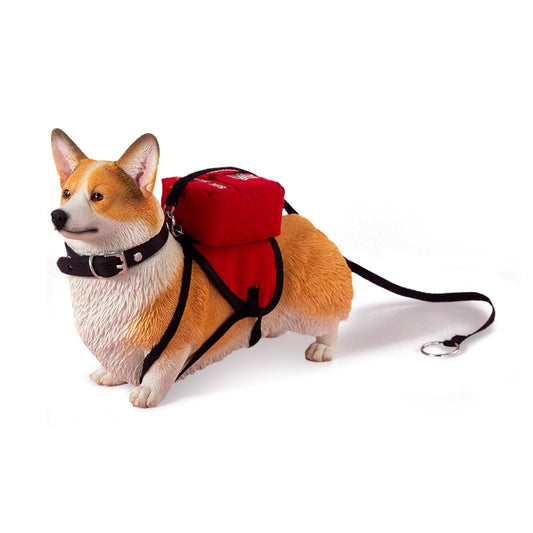 A collection of 1/6 scale head-changing Corgi dog models. Each model features a Corgi wearing a red backpack, with one showcasing an extra interchangeable head. The models are highly detailed, highlighting the distinct coat colors and joyful expressions of the Corgis. Perfect for dog lovers and collectors.