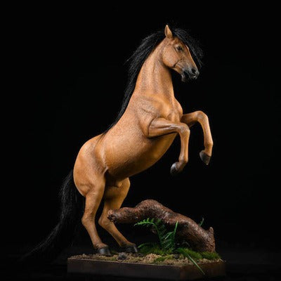 Handcrafted 1:12 scale Hanover Warm Blooded horse model with saddle and stand, showcasing exquisite detailing and realistic rearing pose, perfect for collectors and horse lovers.