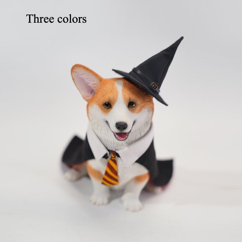 A close-up of an Enchanting Corgi Wizard Statue featuring a Corgi dressed in a wizard hat and cloak, made from high-quality resin and fabric, adding whimsical charm to any decor.