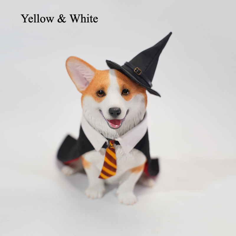 A close-up of an Enchanting Corgi Wizard Statue featuring a Corgi dressed in a wizard hat and cloak, made from high-quality resin and fabric, adding whimsical charm to any decor.