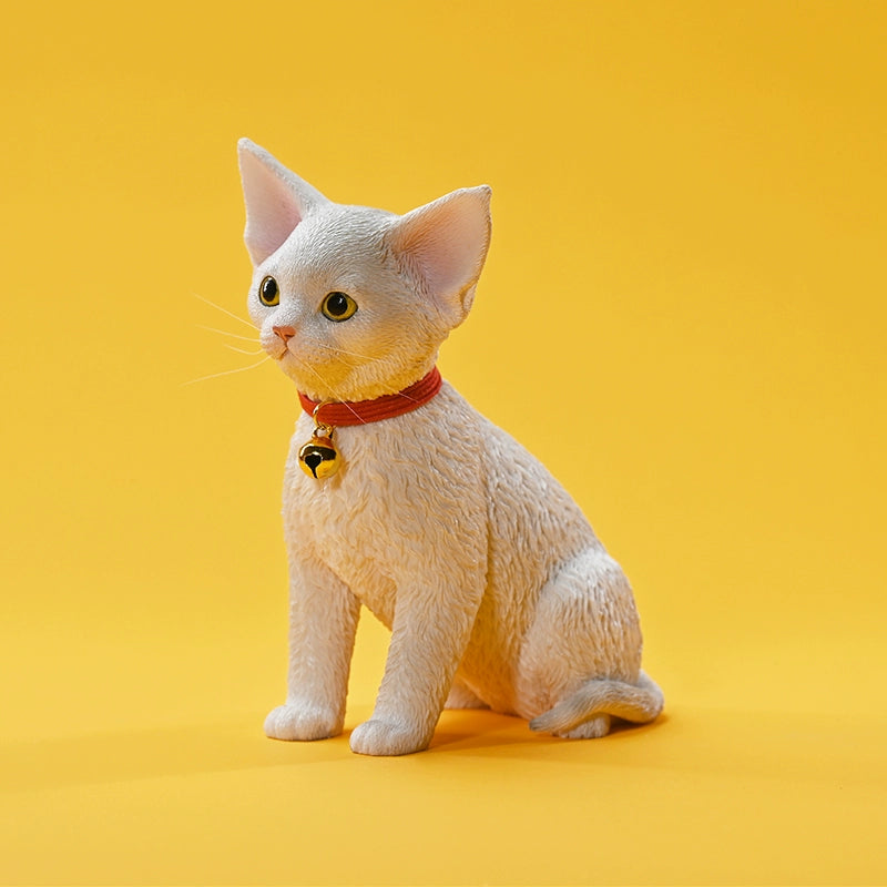 A set of 1/3 scale German Curly Cat resin models featuring five cats with distinct fur colors and patterns. The cats are shown sitting attentively around a pair of human legs, wearing red collars with bells. The scene is set against a yellow background.