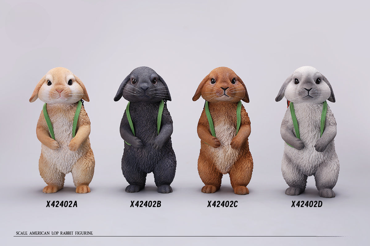 Adorable 1/4 scale American Lop Rabbit figurine with a removable carrot backpack, hand-painted with high detail. Perfect for animal lovers and collectors, showcasing the rabbit’s playful nature and lifelike texture. Ideal for display on shelves or as a gift.