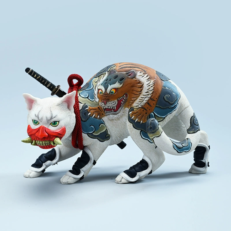 "A set of 1/4 scale Japanese-style cat models with intricate relief tattoos of dragons on their backs. The cats come in orange, grey, and white colors, each posed as if ready for action, showcasing detailed artistry and a unique blend of feline grace and cultural art."