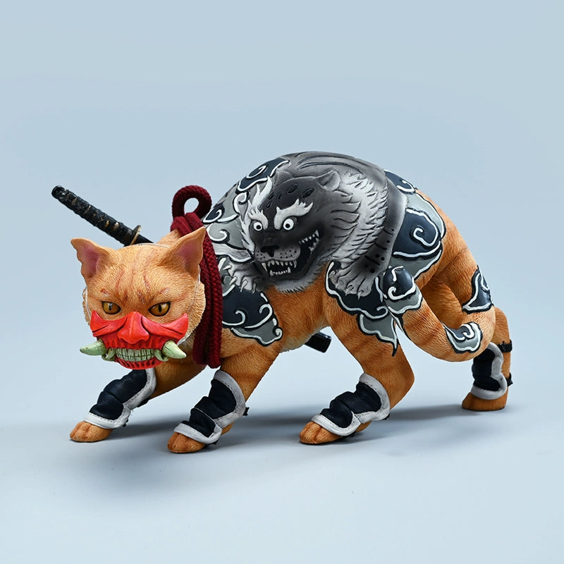 "A set of 1/4 scale Japanese-style cat models with intricate relief tattoos of dragons on their backs. The cats come in orange, grey, and white colors, each posed as if ready for action, showcasing detailed artistry and a unique blend of feline grace and cultural art."