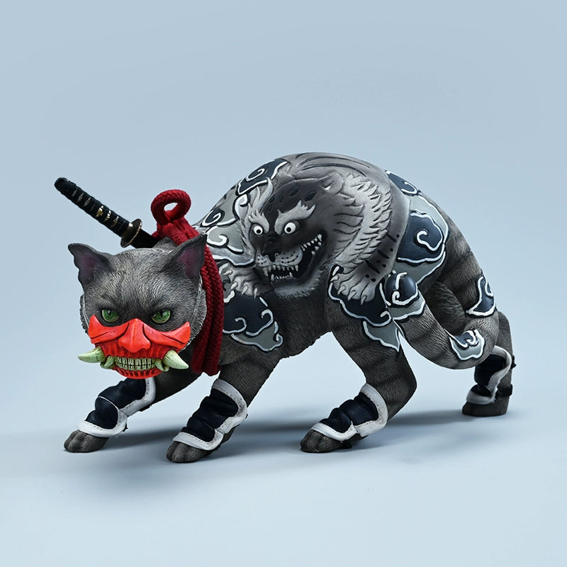 "A set of 1/4 scale Japanese-style cat models with intricate relief tattoos of dragons on their backs. The cats come in orange, grey, and white colors, each posed as if ready for action, showcasing detailed artistry and a unique blend of feline grace and cultural art."