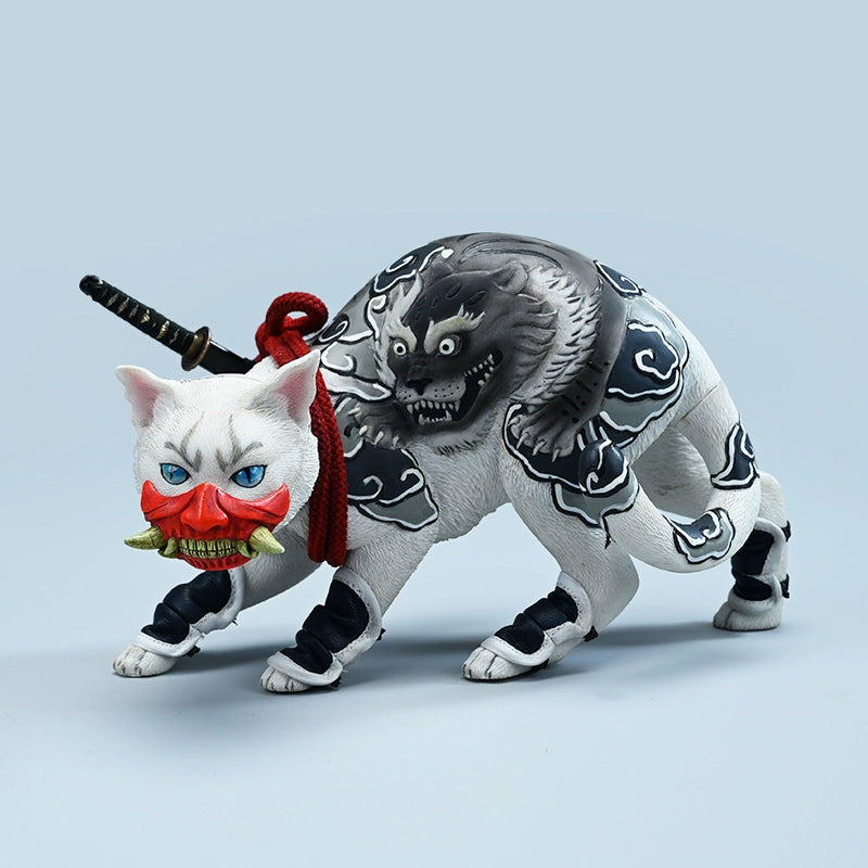 "A set of 1/4 scale Japanese-style cat models with intricate relief tattoos of dragons on their backs. The cats come in orange, grey, and white colors, each posed as if ready for action, showcasing detailed artistry and a unique blend of feline grace and cultural art."