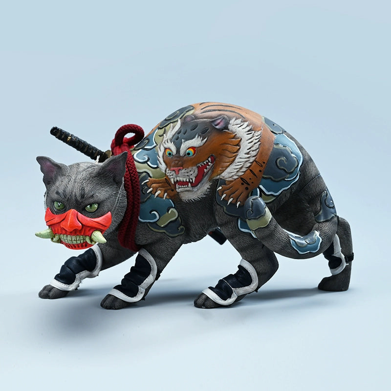 "A set of 1/4 scale Japanese-style cat models with intricate relief tattoos of dragons on their backs. The cats come in orange, grey, and white colors, each posed as if ready for action, showcasing detailed artistry and a unique blend of feline grace and cultural art."