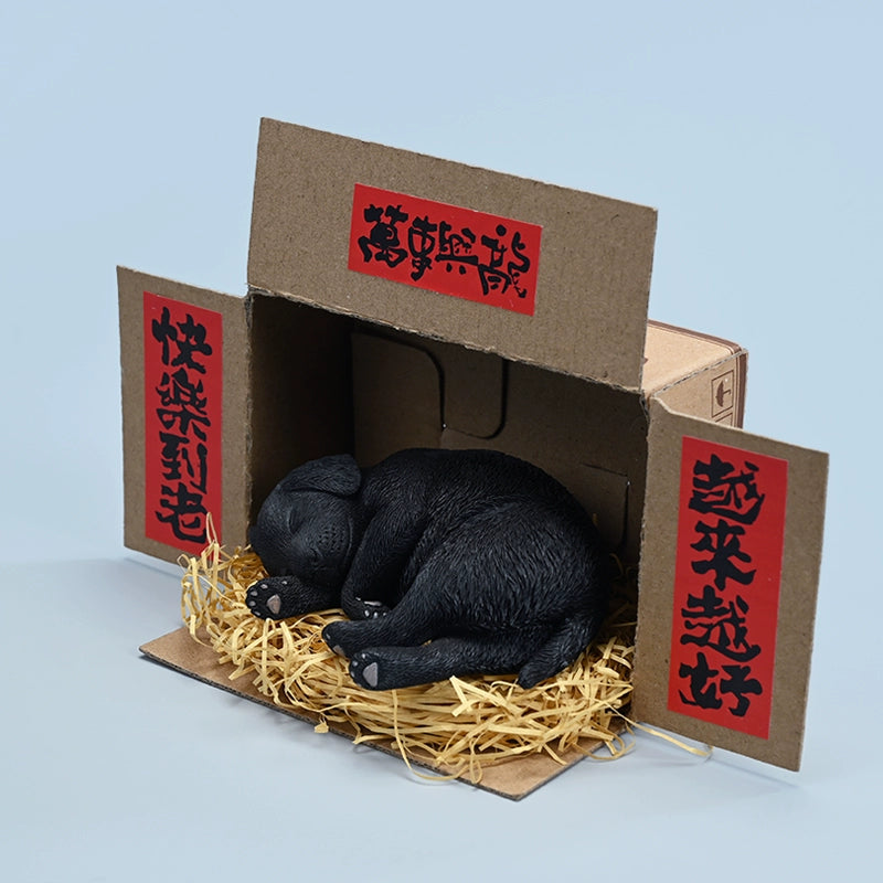 A realistic and finely detailed 1/4 scale model of a Labrador dog in a sleeping position, displayed with traditional Chinese decorations in the background. The model showcases the Labrador in various coat colors, lying peacefully on a bed of straw, with intricate textures capturing the essence of the dog's fur and serene expression.