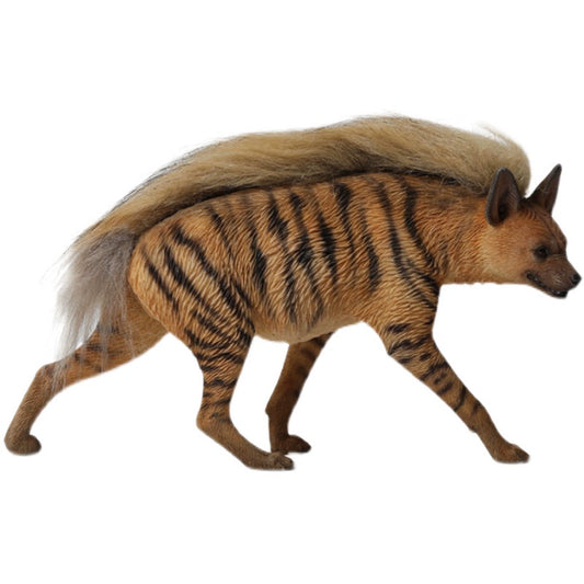 Two 1/6 scale models of African hyena dogs, one with a brown-striped coat and the other with a grey-striped coat. The models feature realistic fur textures and menacing expressions, highlighting the unique characteristics of the hyena dog species.