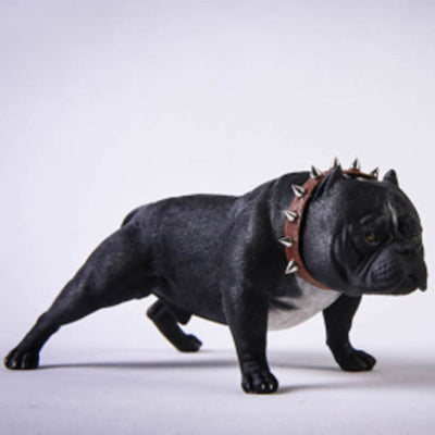 A set of six 1/6 scale models of American Bully dogs, each with a different coat color. The models feature muscular builds and expressive faces, capturing the unique characteristics of the American Bully breed.