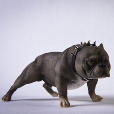 A set of six 1/6 scale models of American Bully dogs, each with a different coat color. The models feature muscular builds and expressive faces, capturing the unique characteristics of the American Bully breed.