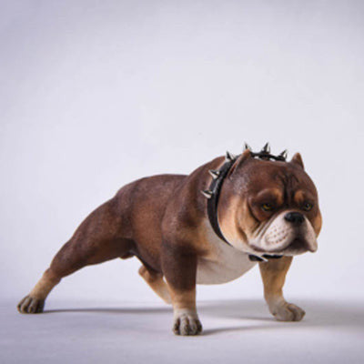 A set of six 1/6 scale models of American Bully dogs, each with a different coat color. The models feature muscular builds and expressive faces, capturing the unique characteristics of the American Bully breed.