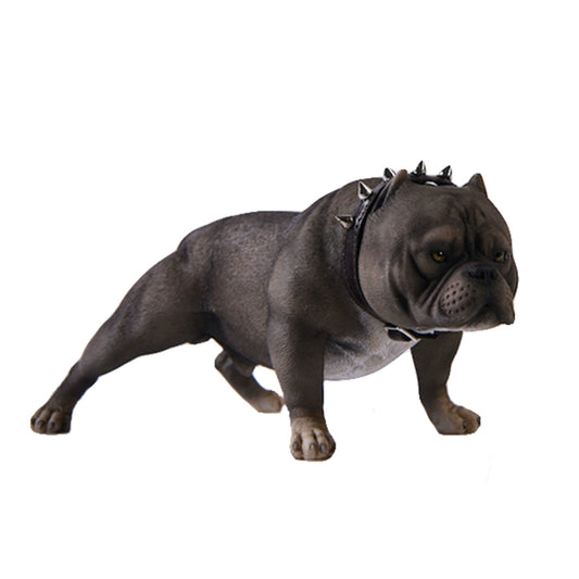 A set of six 1/6 scale models of American Bully dogs, each with a different coat color. The models feature muscular builds and expressive faces, capturing the unique characteristics of the American Bully breed.