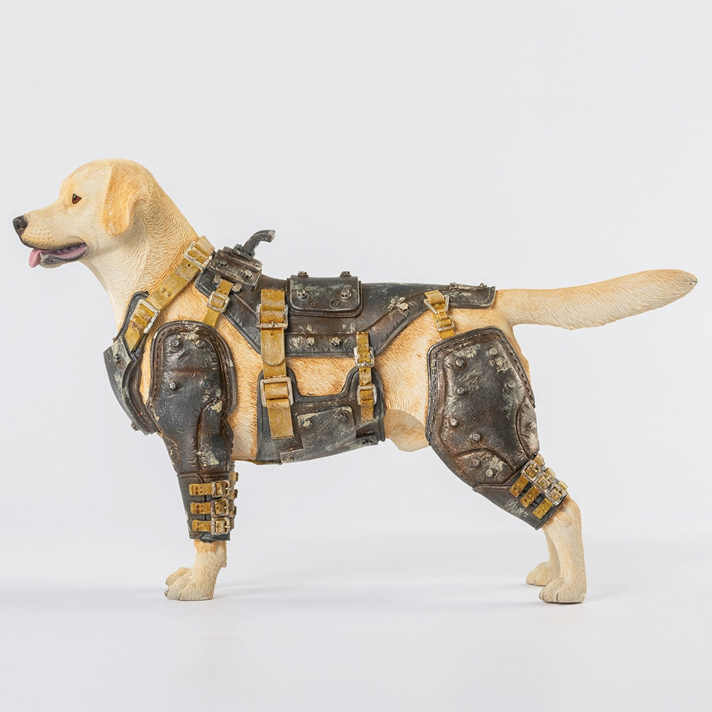 Two 1/6 scale models of Labradors, one black and one yellow, dressed in detailed armor. The models feature realistic fur textures and expressions, with a unique design showcasing the Labradors in protective gear.