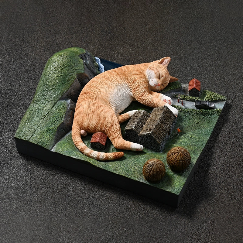 A 1/6 scale model of a giant orange tabby cat sleeping peacefully on a miniature landscape. The scene features small houses, roads, and other objects, emphasizing the cat's enormous size in a whimsical and imaginative setting.