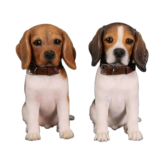 Two 1/6 scale models of Beagle puppies, named Miguel, with expressive faces and large, droopy ears. The puppies have brown and white fur, one with a darker coat and the other with a lighter shade. Both are wearing brown collars.