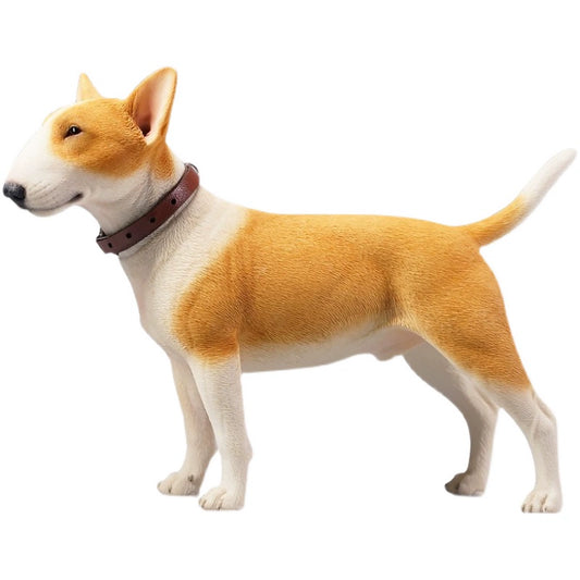 A set of four 1/6 scale resin models of Bull Terriers, each with different coat colors. The models feature the breed's distinctive egg-shaped head, small eyes, and muscular build, capturing the unique and playful nature of Bull Terriers.
