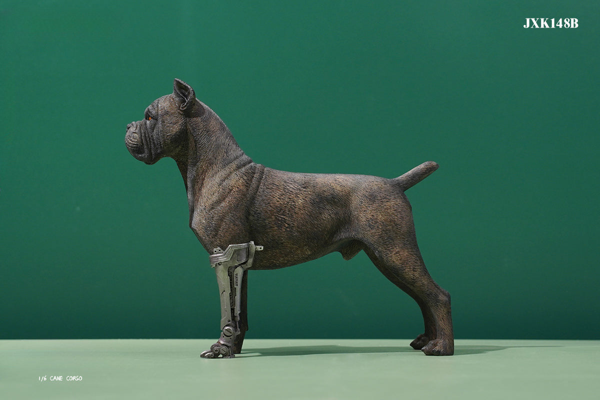 Two 1/6 scale models of dogs equipped with brown leather saddlebags and mechanical prosthetic legs. The models feature detailed and realistic designs, showcasing a mix of rugged and futuristic elements.