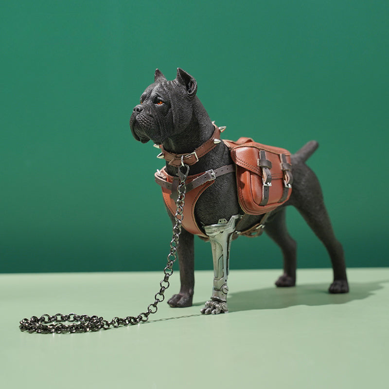 Two 1/6 scale models of dogs equipped with brown leather saddlebags and mechanical prosthetic legs. The models feature detailed and realistic designs, showcasing a mix of rugged and futuristic elements.