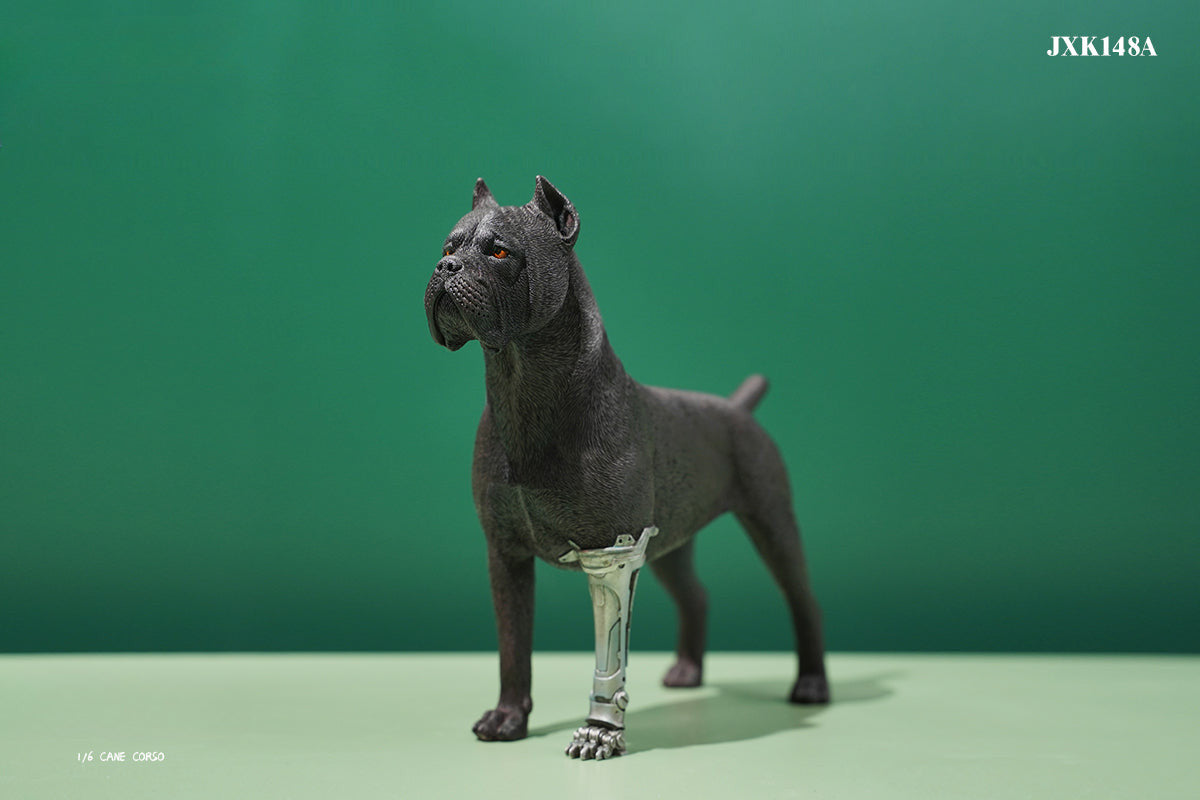 Two 1/6 scale models of dogs equipped with brown leather saddlebags and mechanical prosthetic legs. The models feature detailed and realistic designs, showcasing a mix of rugged and futuristic elements.