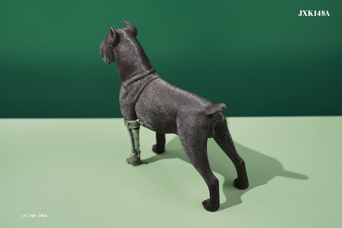 Two 1/6 scale models of dogs equipped with brown leather saddlebags and mechanical prosthetic legs. The models feature detailed and realistic designs, showcasing a mix of rugged and futuristic elements.