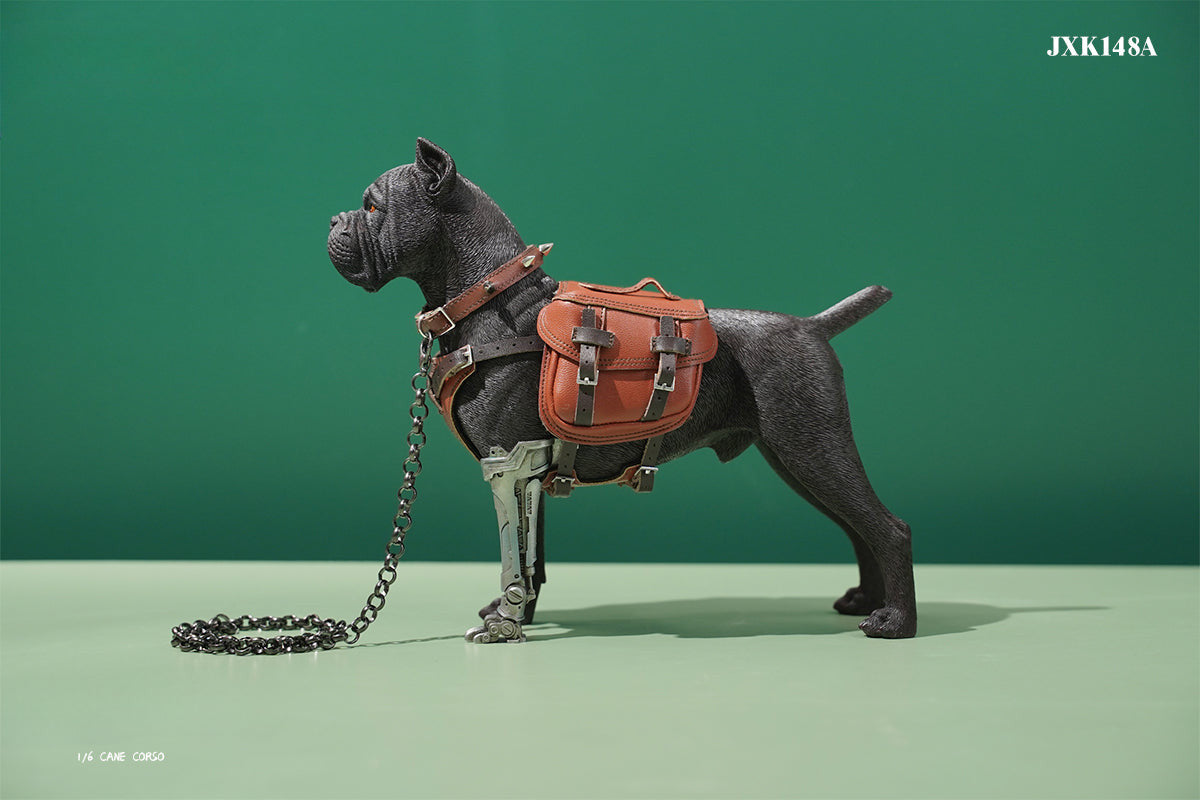 Two 1/6 scale models of dogs equipped with brown leather saddlebags and mechanical prosthetic legs. The models feature detailed and realistic designs, showcasing a mix of rugged and futuristic elements.