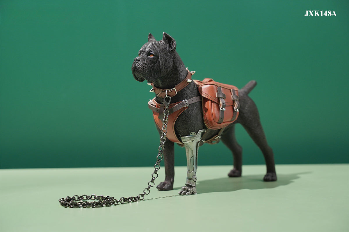 Two 1/6 scale models of dogs equipped with brown leather saddlebags and mechanical prosthetic legs. The models feature detailed and realistic designs, showcasing a mix of rugged and futuristic elements.